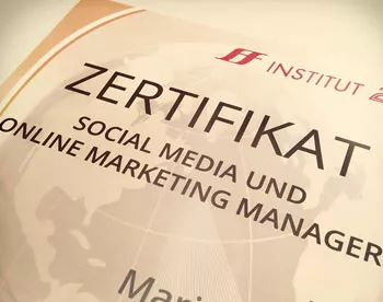 Bild eines Zertifikat der Social Media und online Marketing Manager- Ausbildung bei Institut 2F